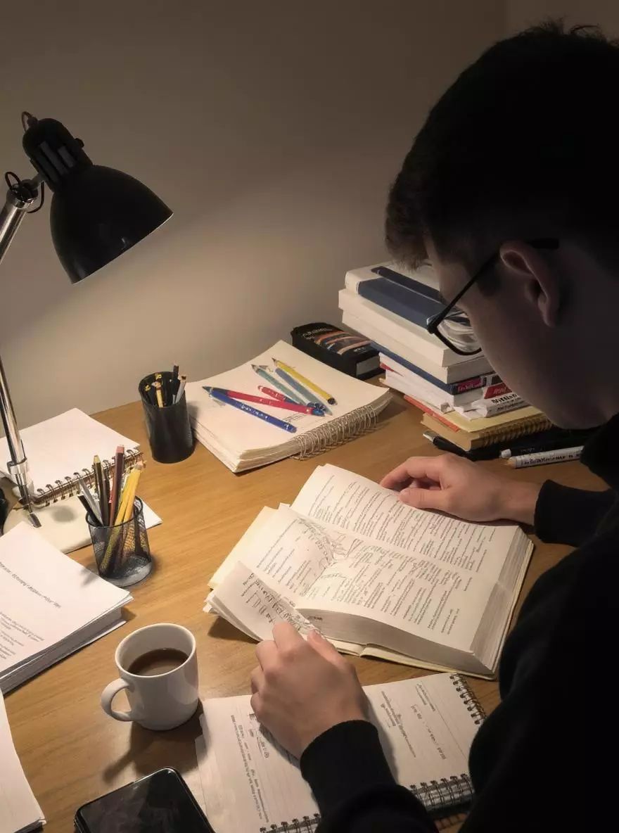 Escritorio de estudiante con libros, laptop y notas organizadas